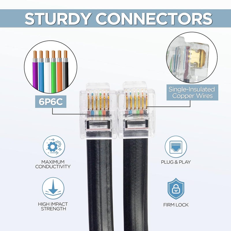 Volcora [2 Pack 5 Feet RJ11 / RJ12 Data Cable - Heavy Duty 6-Pins High-Speed Extension for Cash Register Drawer, Telephone, Modem, Fax, Printers, and More - Drawer Cable for Voice and Data - Image 5